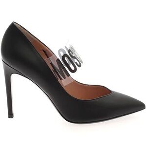 MOSCHINO Black Leather pumps with Branded strap Coated heel